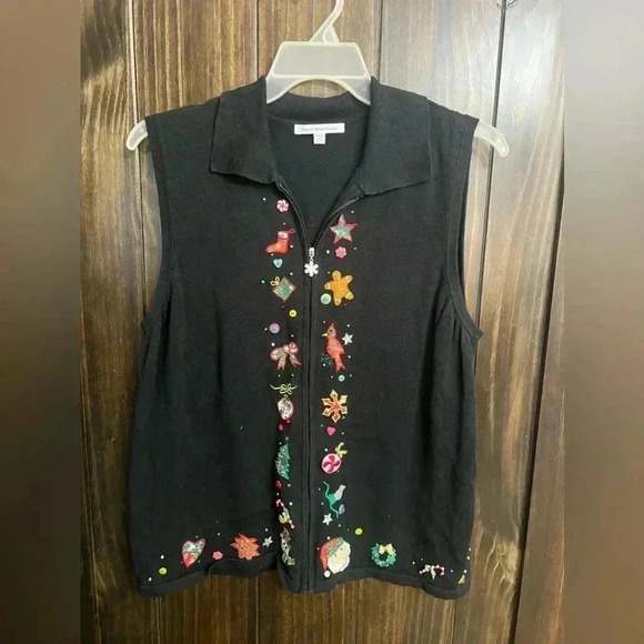 Mercer Street Studio Sweaters - Mercer Street Studio Black Full Zip Christmas Sweater Vest Size 1X Embroidery